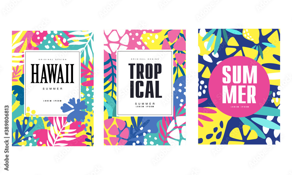 Summer Poster with Tropical and Exotic Leaf and Plants Vector Template Set