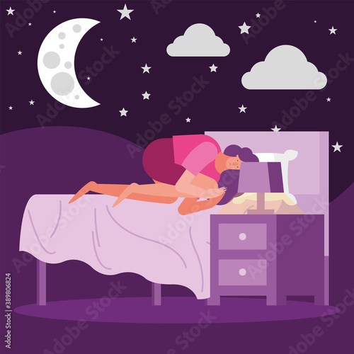 woman in bedroon and night scene suffering from insomnia character