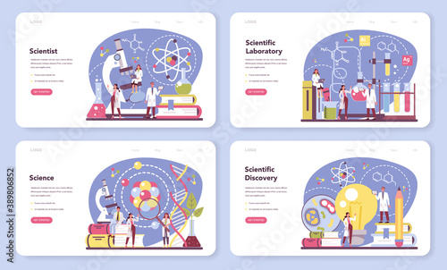 Scientist web banner or landing page set. Idea of education and innovation
