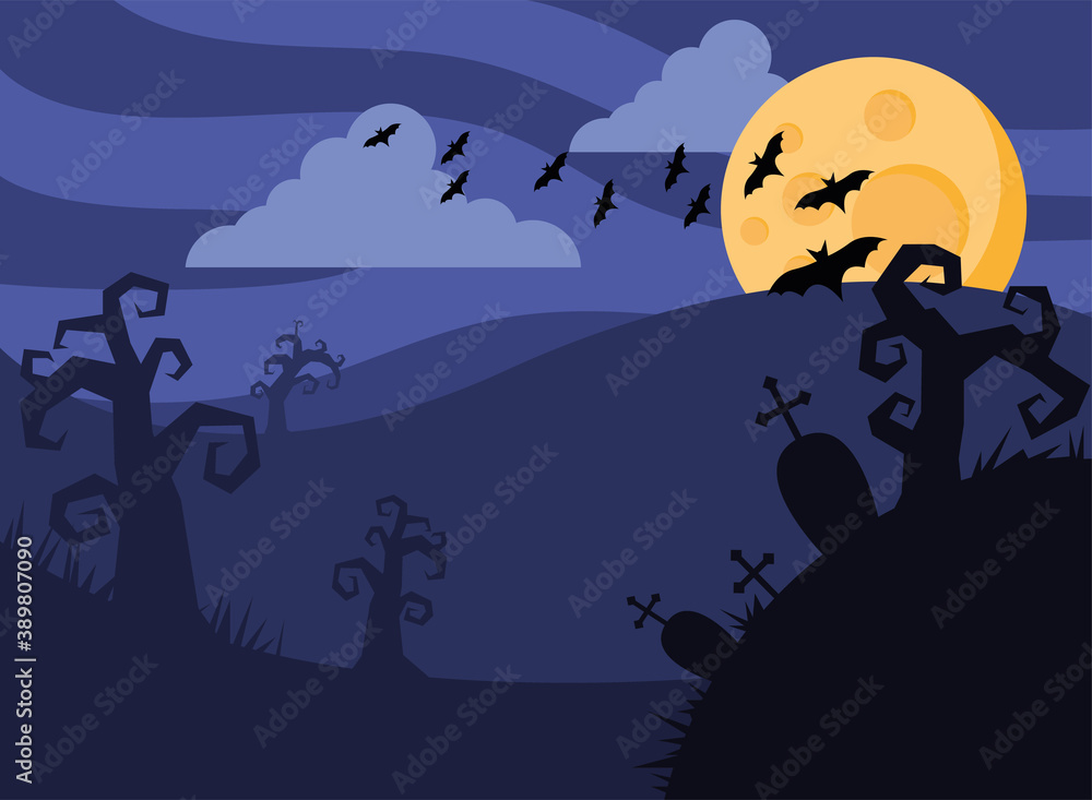happy halloween card with bats flying and fullmoon