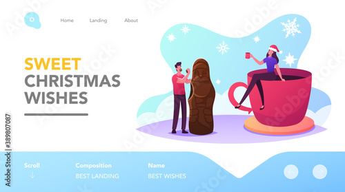 Christmas Treat and Beverage Landing Page Template. Tiny Male and Female Characters Eating Huge Chocolate Santa