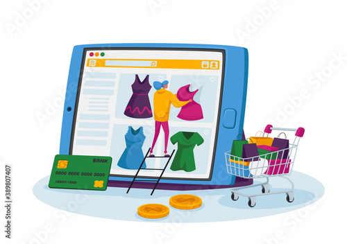 Online Shopping Concept. Tiny Female Customer Character Stand on Ladder Choose Dress on Huge Tablet, Internet Store
