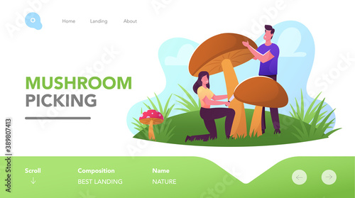 Mushroomer Hobby Landing Page Template. Happy Characters Pick Up Mushrooms in Forest, People Spend Time Outdoors