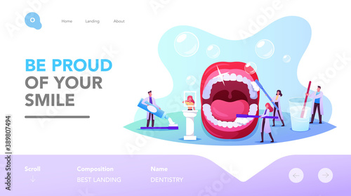 Dental Care Landing Page Template. Tiny Dentists Characters Cleaning or Brushing Huge Teeth in Open Mouth. Oral Check Up