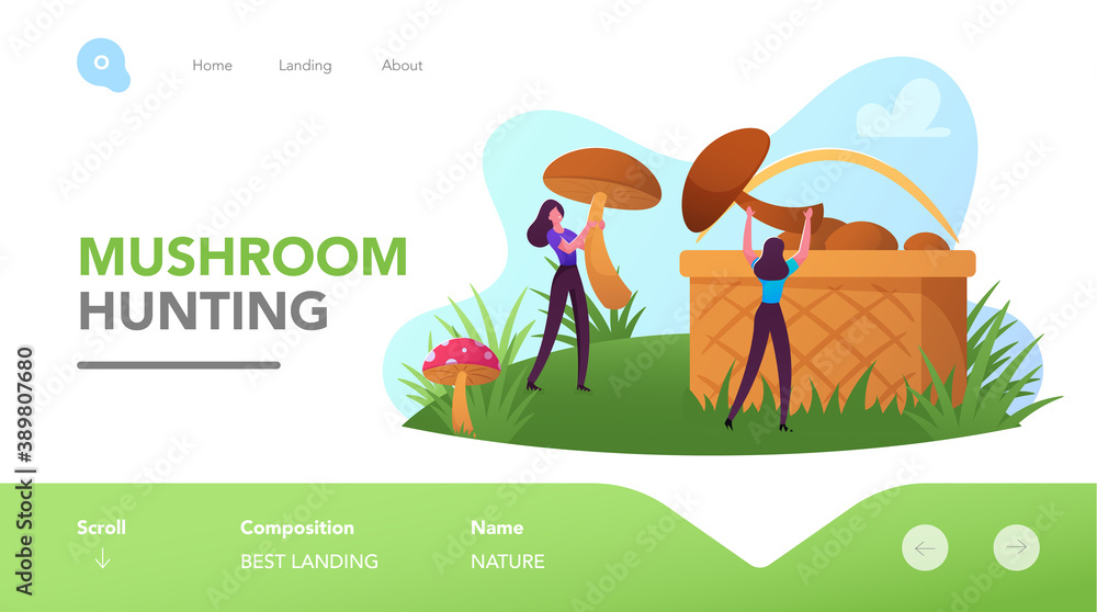 Mushroomers Pick Up Huge Mushrooms in Forest Landing Page Template. Tiny Characters Rest on Nature, Outdoor Activity