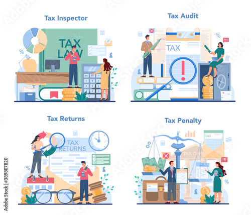 Tax inspector concept set. Idea of accounting and payment. Tax