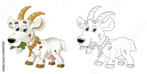 Cartoon sketch scene with horned goat standing and looking illustration