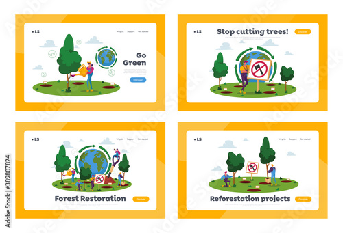 Reforestation Landing Page Template Set. World Environment Day, Characters Planting Trees in Soil Working in Garden