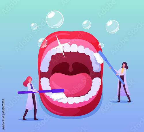 Tiny Dentist Doctor Characters Care of Huge Teeth in Open Mouth with Brush and Toothpaste Caries Prevention, Stomatology