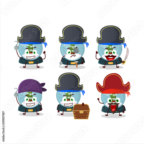 Cartoon character of snowball with tree with various pirates emoticons