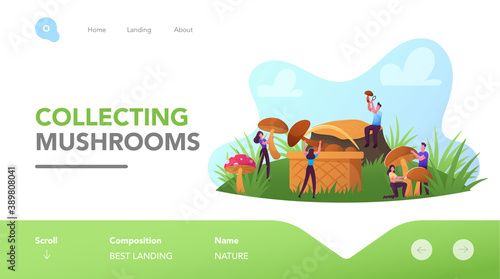 Mushroomers Walk in Forest, Activity, Hobby Landing Page Template. Happy Tiny Characters Spend Time Outdoors in Autumn