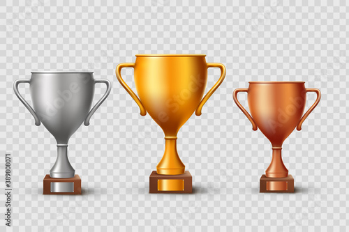 Gold, silver and bronze championship cups. Vector illustration.