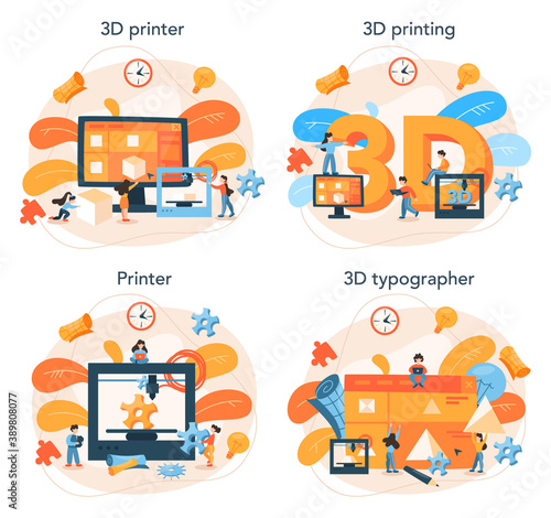 3D Printing technology concept set. 3D printer equipment and engineer