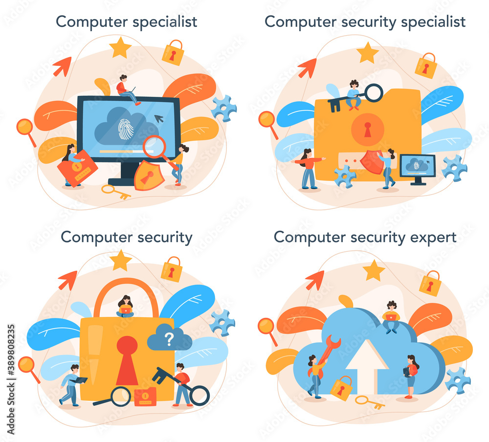 Fototapeta premium Cyber or web security specialist set. Idea of digital data protection
