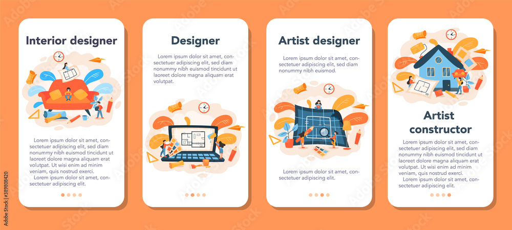 Naklejka premium Professional interior designer mobile application banner set.
