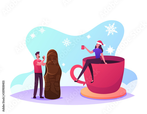 Tiny Male and Female Characters Eating Chocolate Santa and Drink Cocoa. People Enjoying Sweet Desserts, Christmas Treat