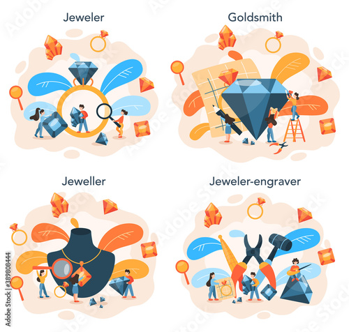 Jeweler and jewelry concept set. Idea of creative people and profession