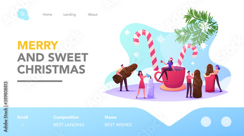 Christmas Treat Landing Page Template. Tiny Male and Female Characters around Huge Cup Eating Chocolate Santa Candy