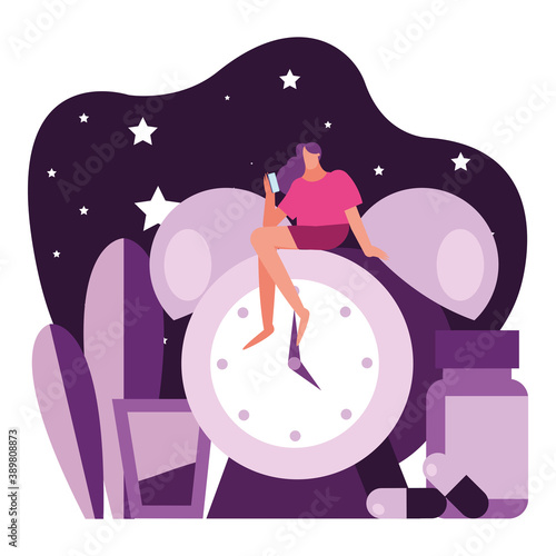 woman seated in alarm clock suffering from insomnia character