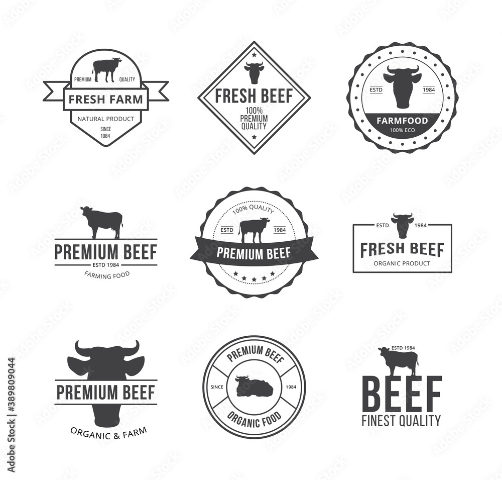 Set of vector logo, badges, labels, design elements for premium fresh beef Set of vector logo, badges, labels, design elements for premium fresh beef