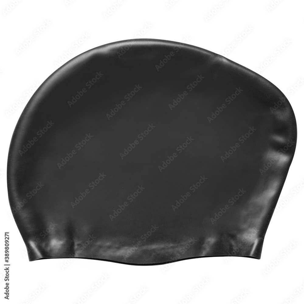 black rubber womens swimming cap, on white background black rubber womens swimming cap, on white background