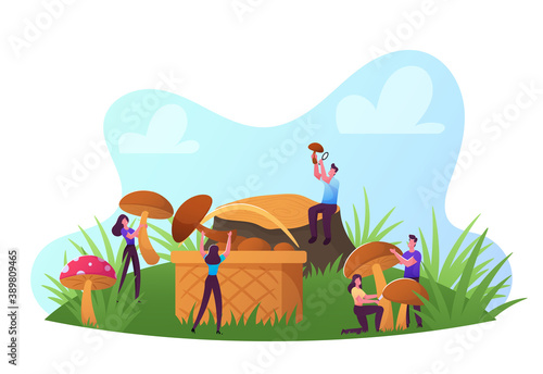 Happy Tiny Male and Female Characters Spend Time Outdoors in Autumn Season Pick Up Mushrooms and Put into Basket