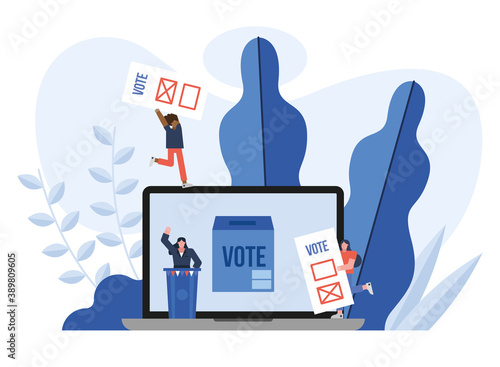 female candidate giving speech and group of voters in laptop