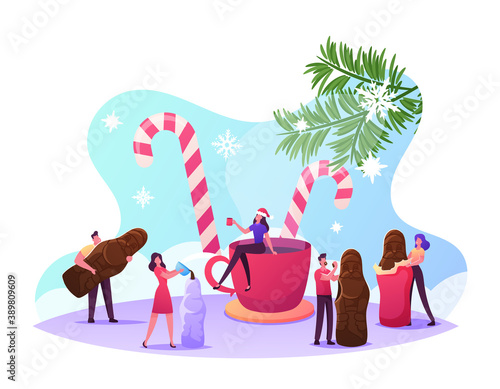 Tiny Male or Female Characters around Huge Cup and Candy Canes Create and Eating Chocolate Santa Sweet Christmas Dessert