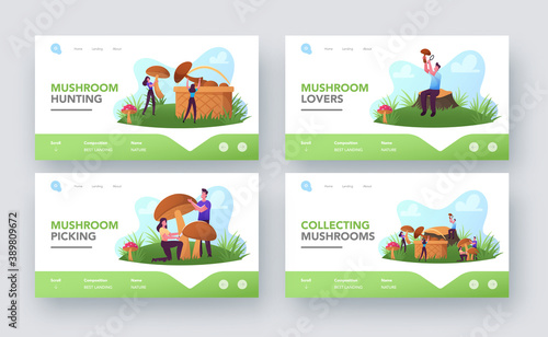 Mushroomers Walk in Forest, Activity, Hobby Landing Page Template Set. Tiny Characters Spend Time Outdoors in Autumn
