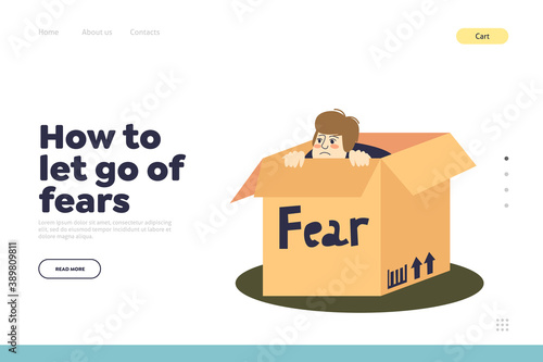 Fear concept of landing page with scared man hiding in cardboard box frightened