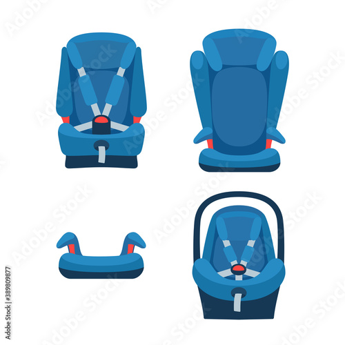 Safety baby car seats collection. Different type of child restraint. Booster front view. Isolated objects. Vector illustration on white background