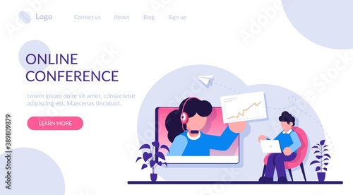 Online business conference concept. Webinar and employees training. Distance education, video tutorial. Meeting and negotiations, partners. Modern flat illustration.