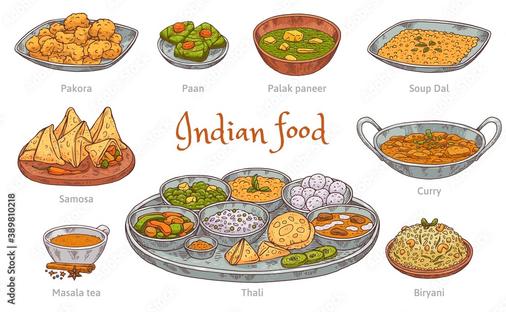 Set of indian food colorful icons in hand drawn engraved style vector illustration isolated on white background. Indian cuisine traditional dishes and drinks.