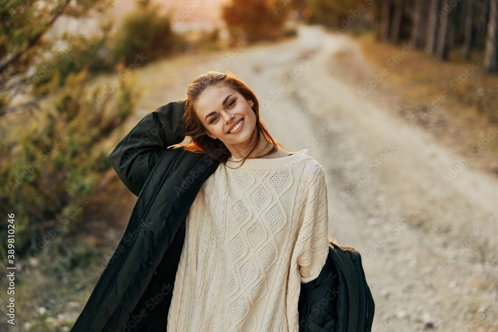 Cheerful woman nature walk fun vacation travel Cheerful woman nature walk fun vacation travel