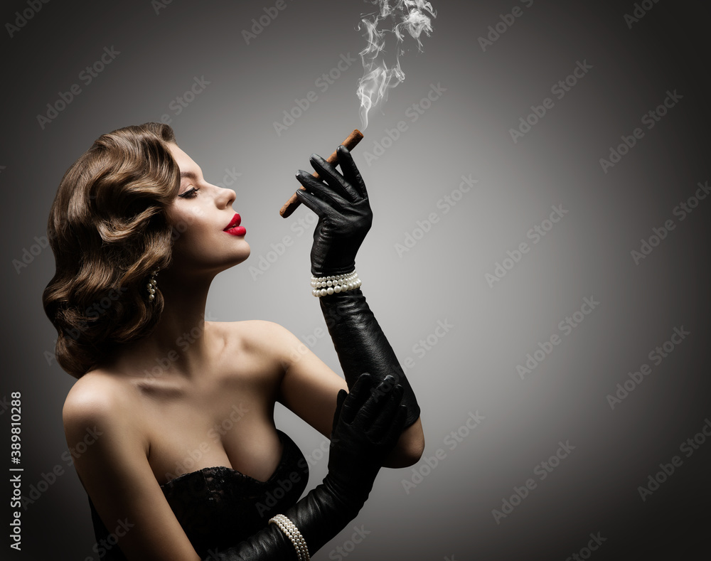 Retro Woman Smoking Cigar In Corset And Gloves Beautiful Old Fashioned Model Portrait Over