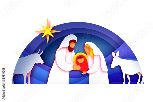 Baby Jesus Christ. Holy Child and Family. Mary and Joseph. Birth of Christ.Star of Bethlehem - East comet. Nativity Christmas in paper art style. Happy New Year. Animals. Blue.