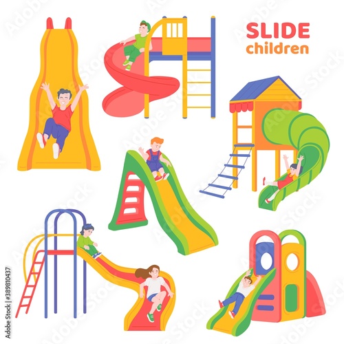 Set of children sliding down the slides flat vector illustration isolated.