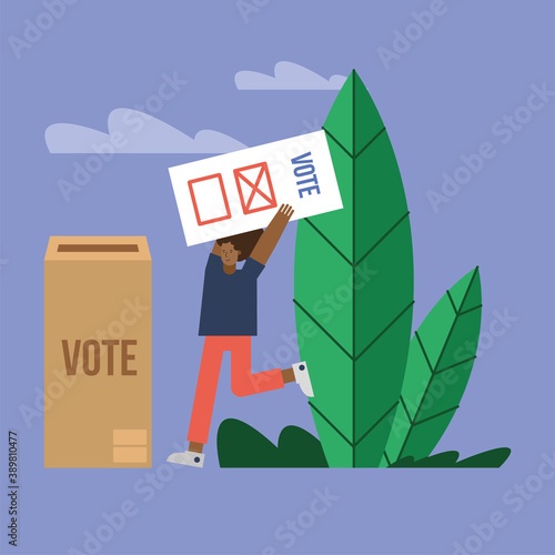 afro female voter with voting card and urn election day
