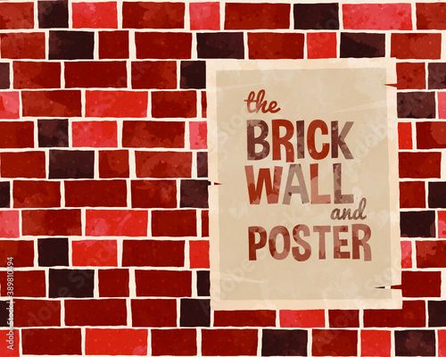 Red brick wall textured pattern background with older poster, cartoon style vector art illustration.