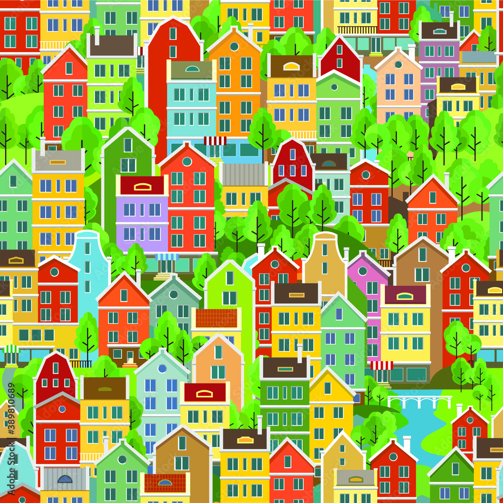Cityscape seamless pattern with buildings. Building, residential. Seamless pattern with decorative colorful houses. City endless background.