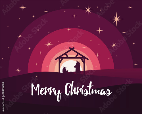 happy merry christmas lettering with holy family in stable silhouette scene