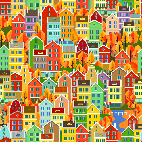 Cityscape seamless pattern with buildings. Building, residential. Seamless pattern with decorative colorful houses. City endless background. © Warxar