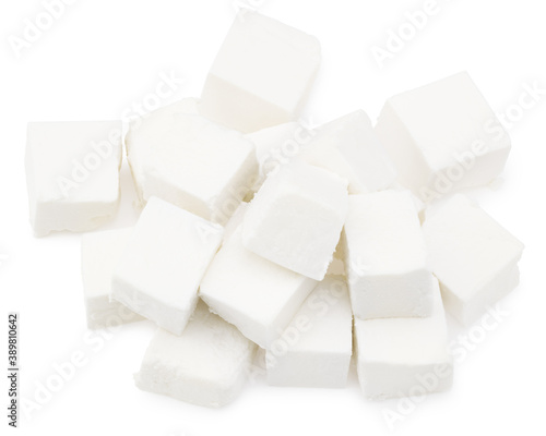 Slices feta cheese isolated on white background. Clipping path and full depth of field. Top view