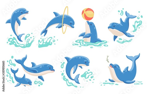 Dolphins playing and jumping in water cartoon vector isolated illustrations set.