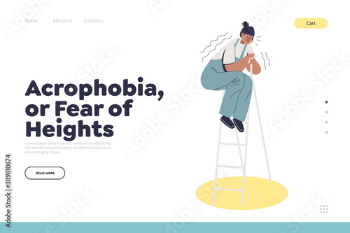 Acrophobia, fear of height concept of landing page with woman shaking on ladder