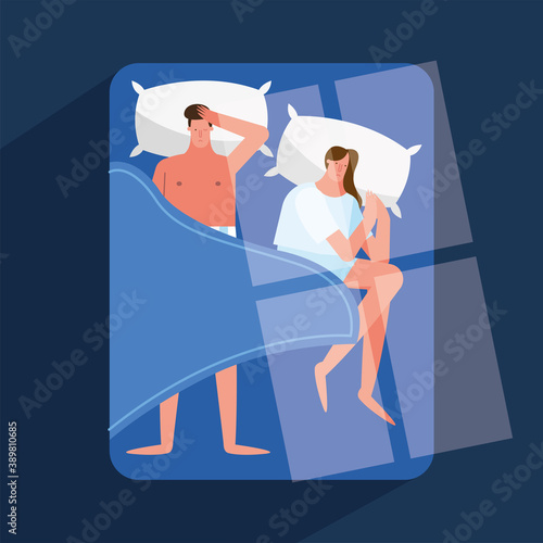 couple in bed suffering from insomnia characters