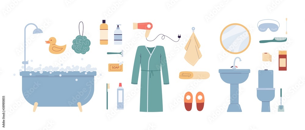 Set bathroom equipment and hygiene supplies flat vector illustration isolated. Set bathroom equipment and hygiene supplies flat vector illustration isolated.