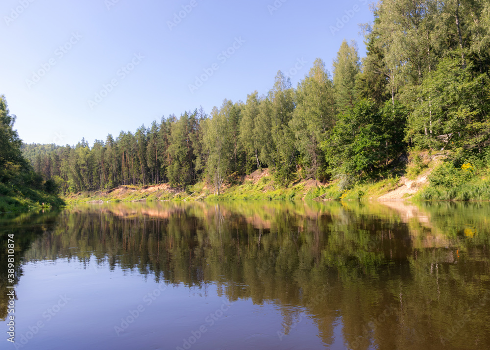 beautiful morning on the river, shore and tree reflections in the water, Gauja river, Latvia