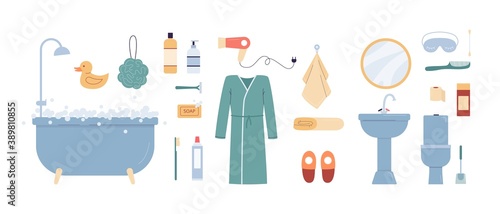 Set bathroom equipment and hygiene supplies flat vector illustration isolated.