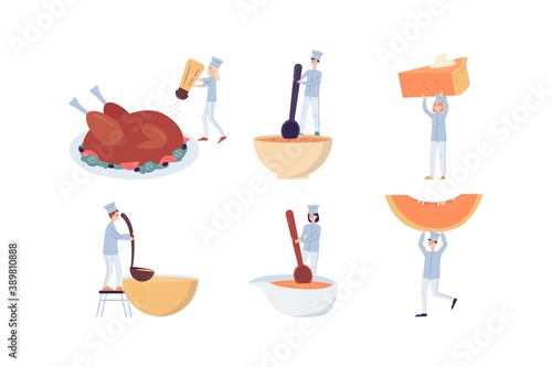 Set of tiny chefs preparing autumn meals flat vector illustration isolated.